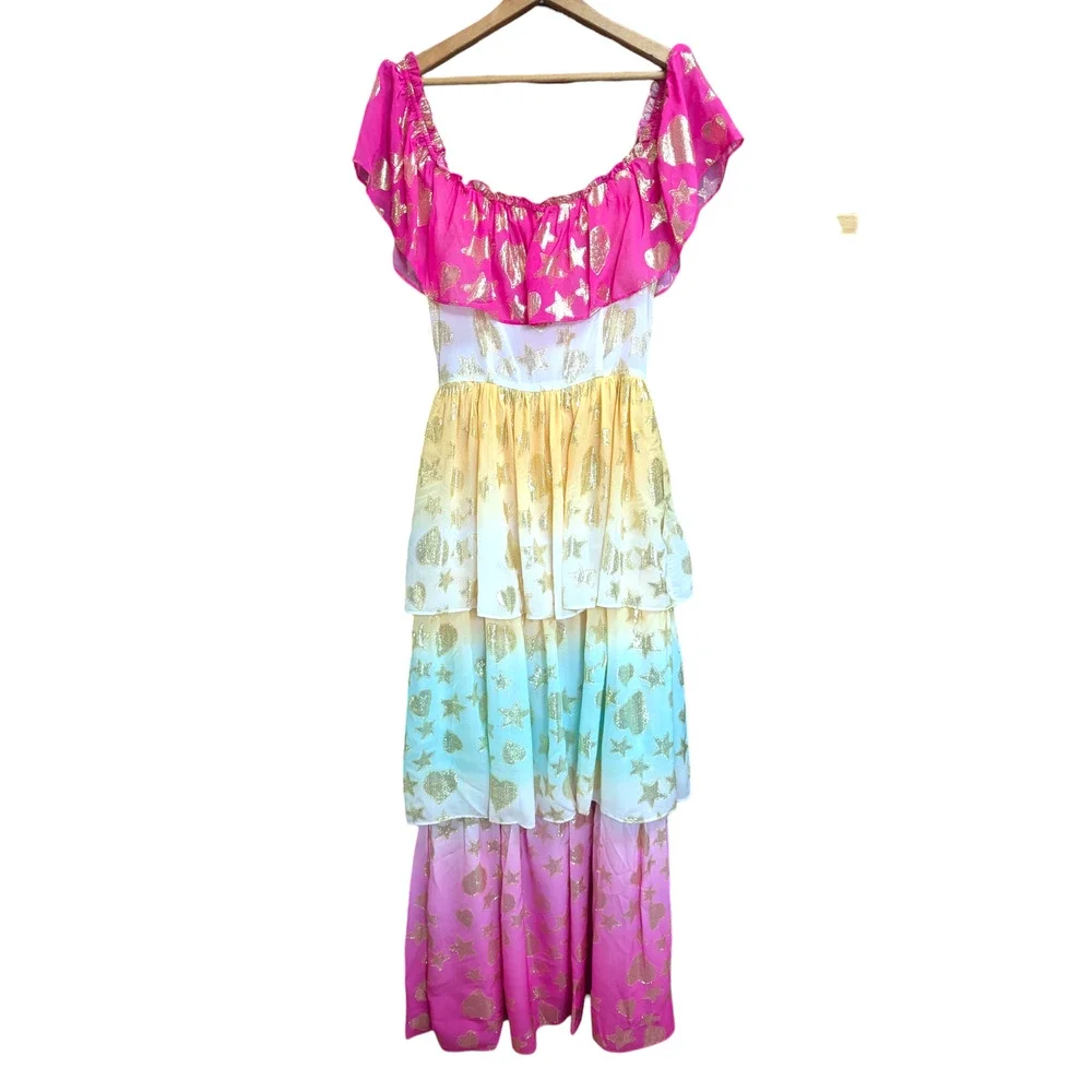 LoveShackFancy Multicolor Metallic Tiered Maxi Dress Pink Gold Stars NWT Size 4